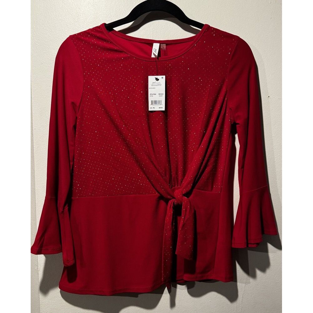 NY Collection‎ Women's Red Blouse Rhinestone Bell Sleeve Valentines Day Top PS